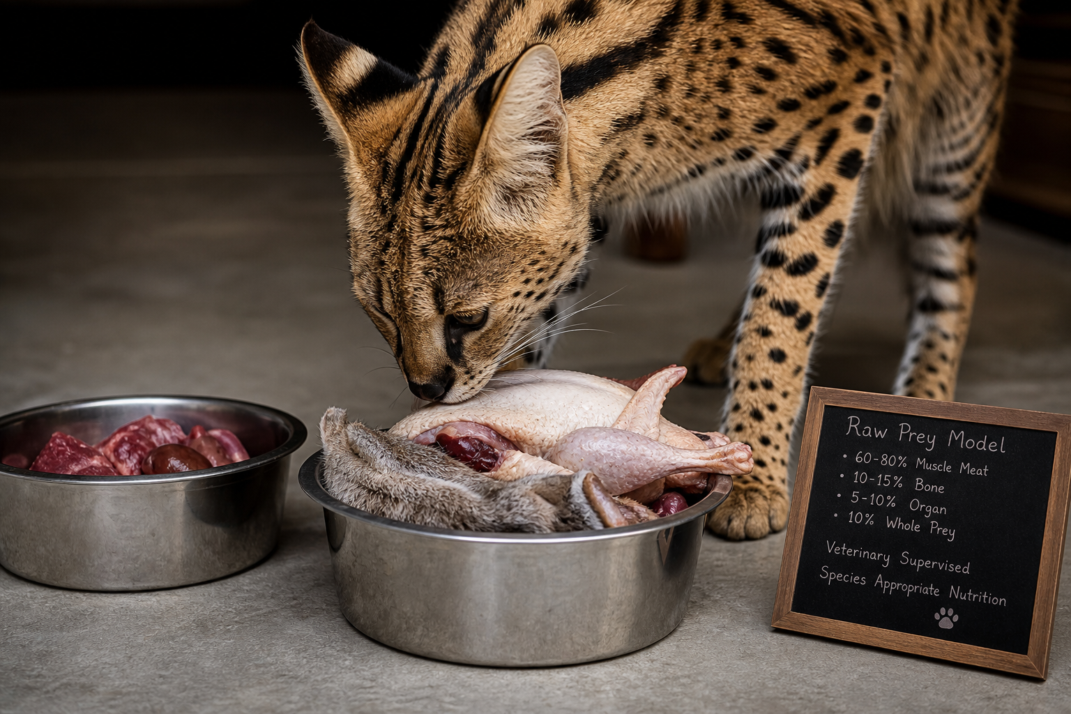 Photorealistic raw feeding setup for an exotic serval cat with veterinary-supervised nutrition concept