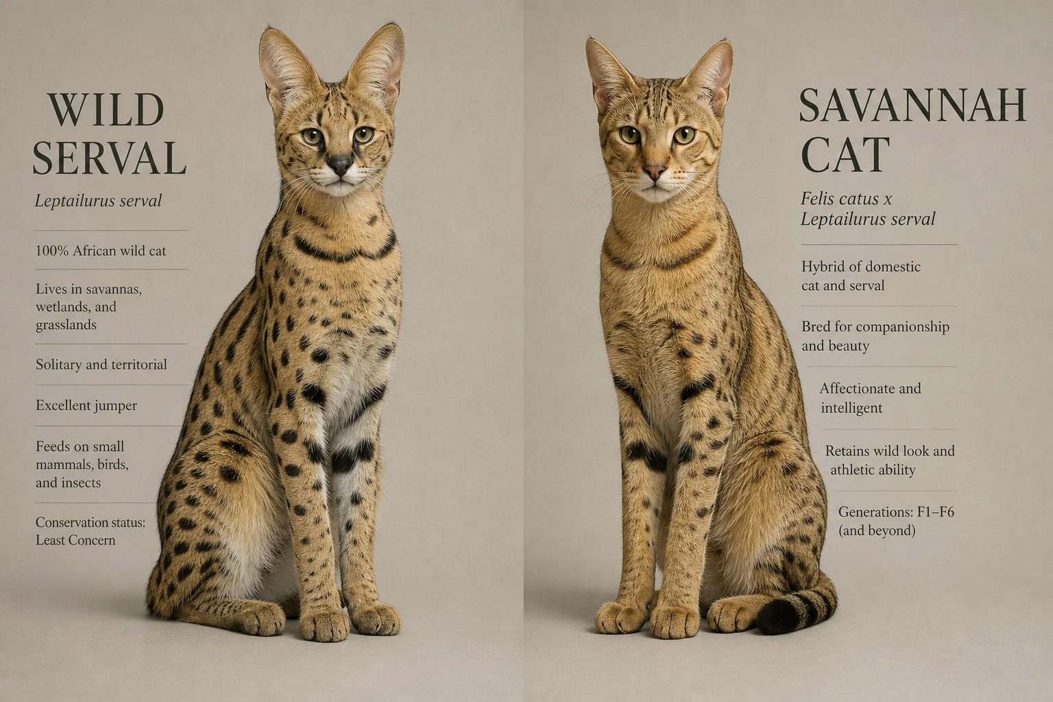 Photorealistic comparison of a wild serval beside a savannah cat