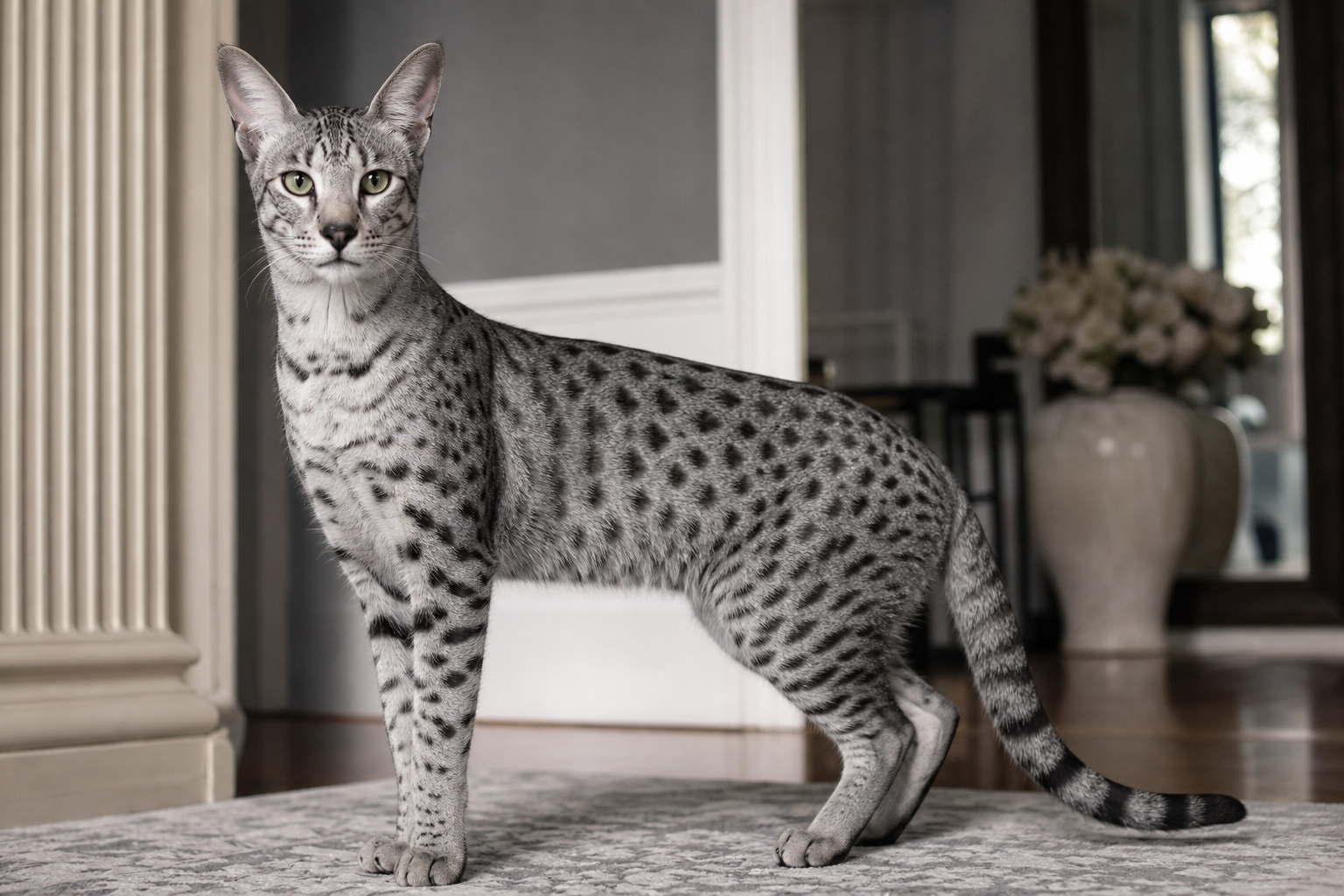 Photorealistic silver Savannah cat with cool gray coat and black spots
