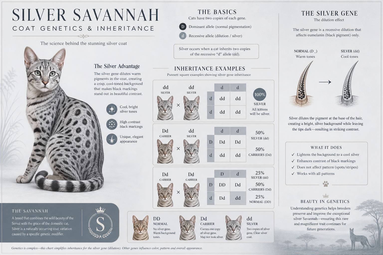 Illustration of silver Savannah coat genetics and inheritance