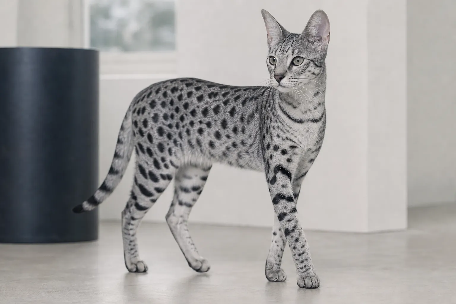 Photorealistic silver Savannah cat with authentic cool gray coat and black spots