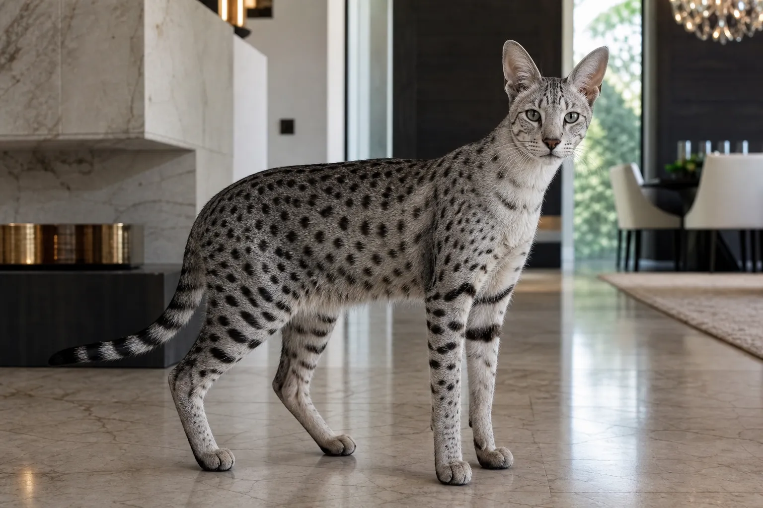 Adult silver Savannah cat in a luxury home with athletic build and black spots