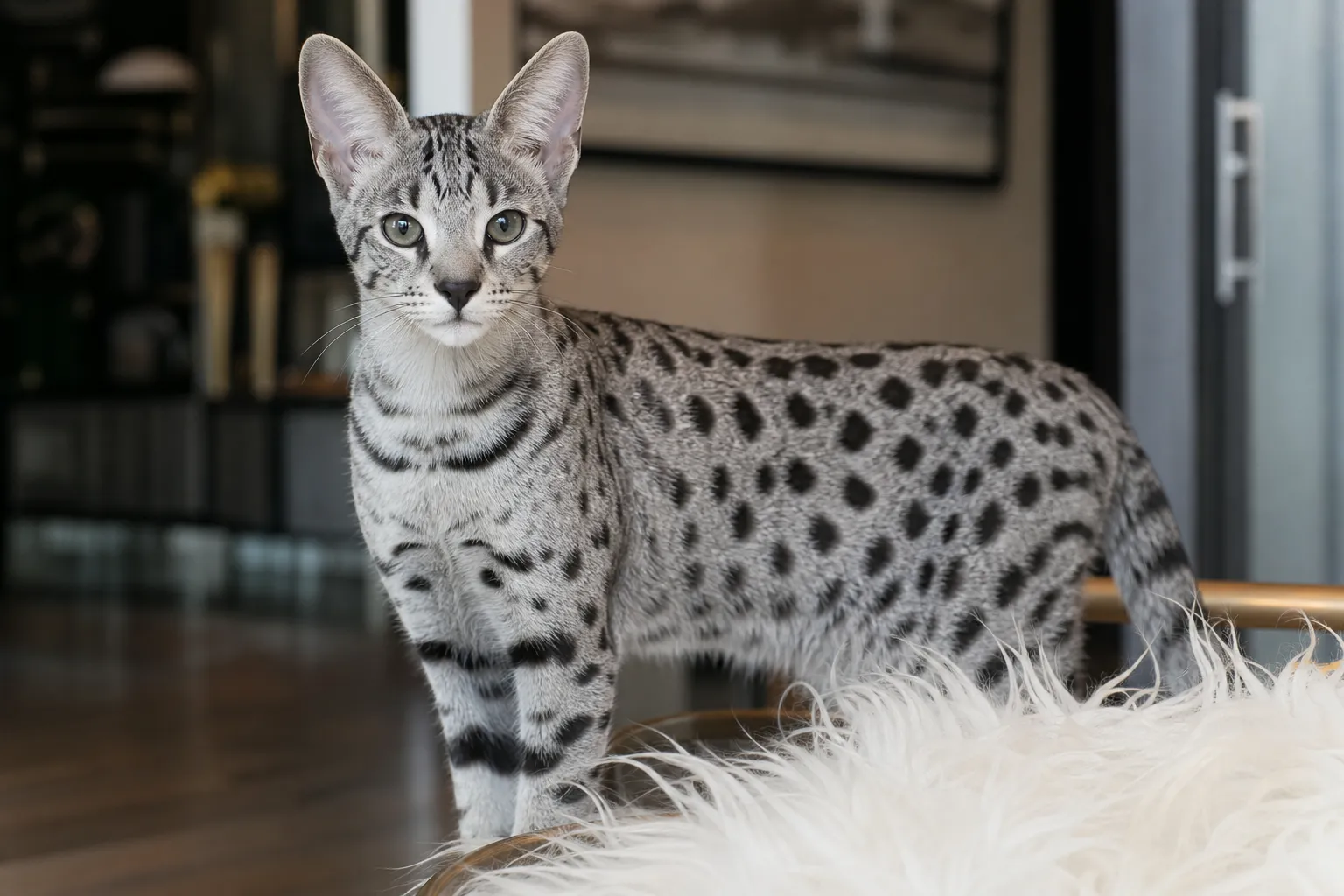 Photorealistic silver Savannah kitten with cool gray coat and jet black spots