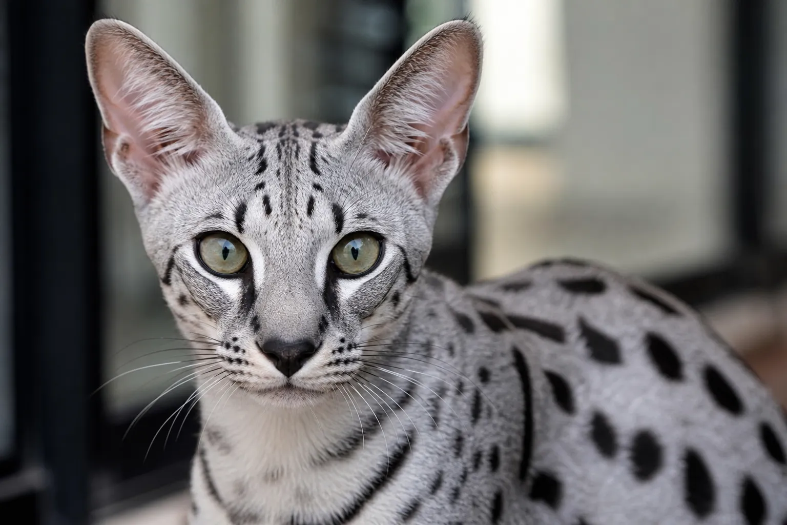 Close-up portrait of a silver F1 Savannah cat with cool silver-gray coat and bold black spots